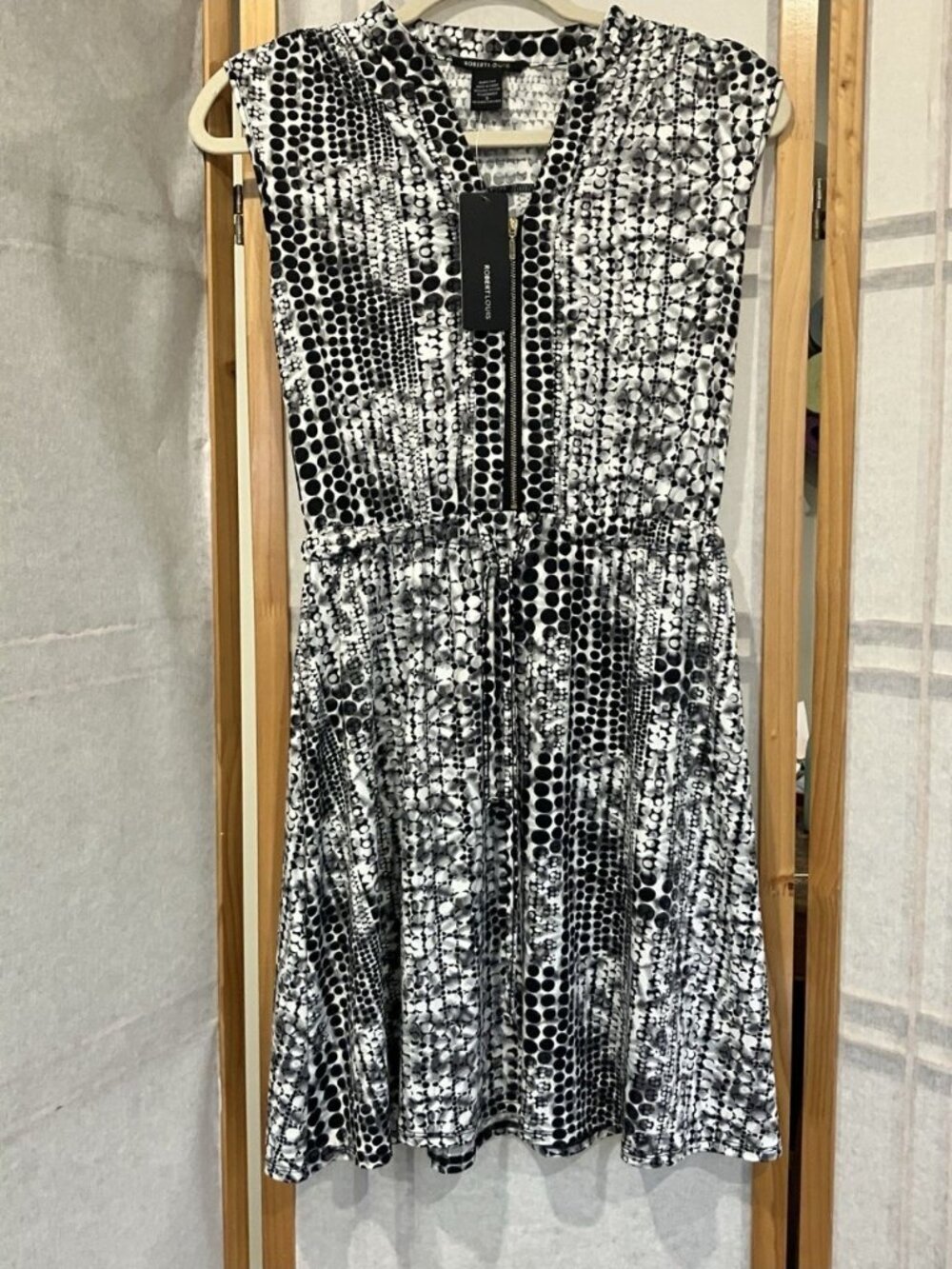 NWT Small Black White Gray Dot Dress, Zip Front Tie Front Casual Office MSRP $65